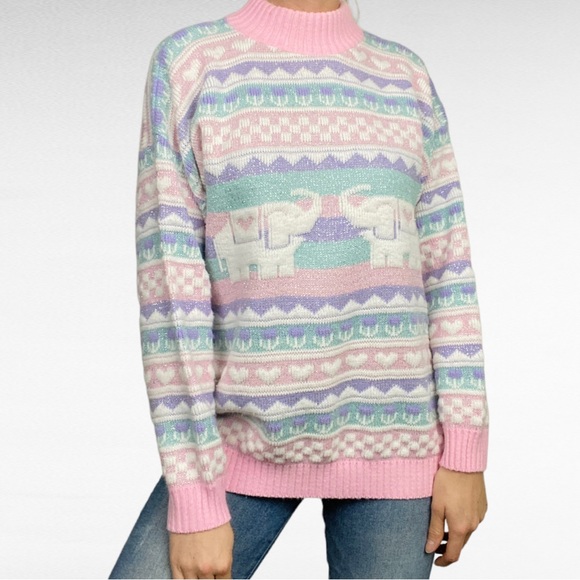 VINTAGE | 1980’s Private Eyes Fairy Kei Kawaii Pastel Elephant Pullover Sweater - Picture 1 of 8